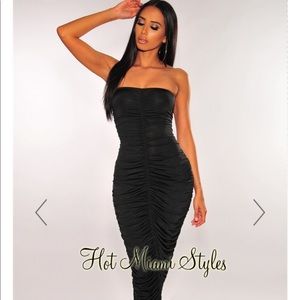 Gorgeous ruched black strapless midi dress